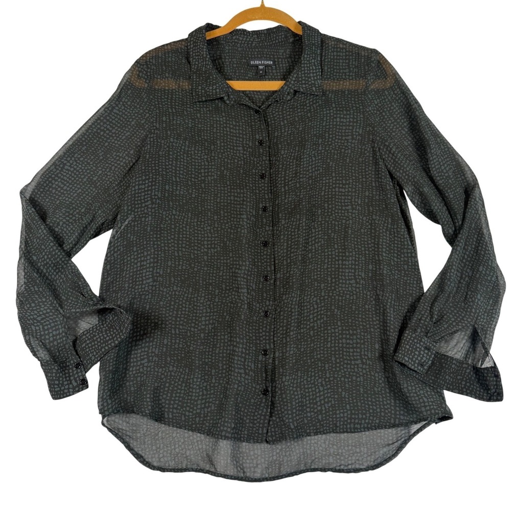 Eileen Fisher 100% Silk Button Down Shirt Black/Grey Abstract Dot Blouse Medium